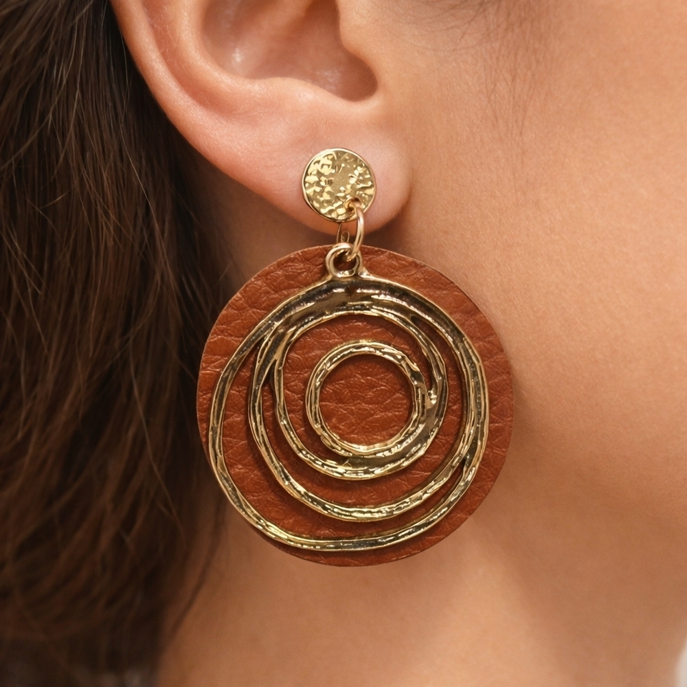 Stylish Gold Spiral Hoop & Brown Leather Drop Stud Earrings 4 Fashionable Women